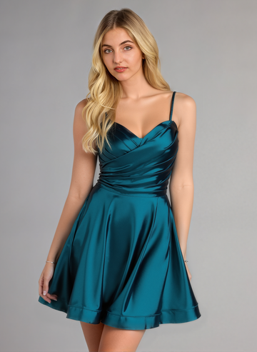 A-line Spaghetti Straps Short Satin Homecoming Dress With Pleated